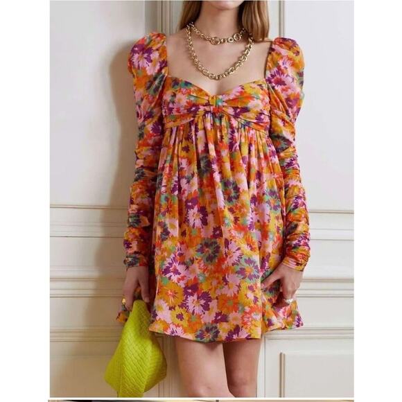 Zimmermann Violet Twist Front Mini Dress Mustard Multi Floral Orange Sz 4 - Picture 3 of 16